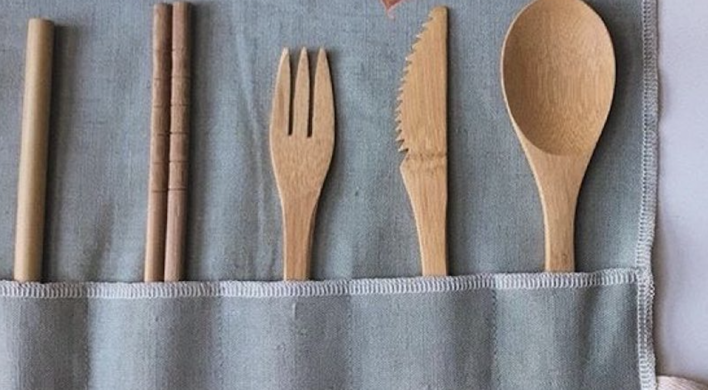 Reusable utensils in cloth wrap.